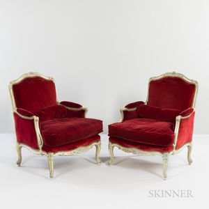 Eight Louis XV-style Cream-painted and Red Velvet-upholstered Bergeres