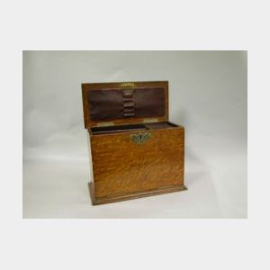 Small English Quarter-sawn Oak Red Leather Clad Fitted Travel Desk