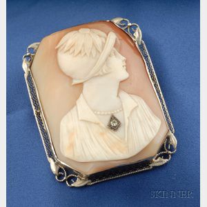 Art Deco 14kt White Gold, Shell Cameo, and Diamond Pendant/Brooch