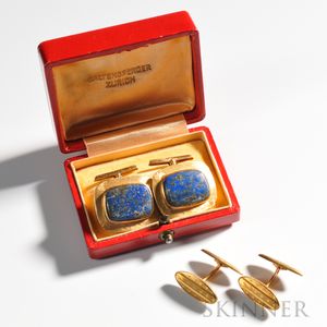 Two Pairs of 18kt Yellow Gold Cuff Links, one pair set with lapis, the other with geometric designs, total 17.2 dwt.