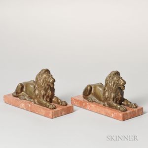 Pair of Bronze and Marble Recumbent Lion Bookends