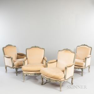 Four Louis XV-style Gray-painted and Upholstered Bergeres