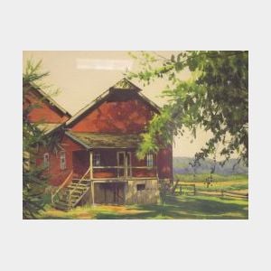 Framed Watercolor View of a Red Barn
