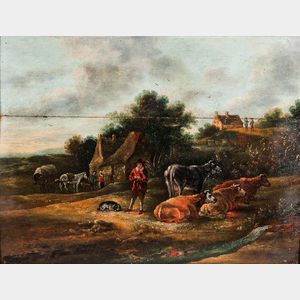 Dutch School, 17th Century Rural View with Figures, Cottages, and Domestic Animals