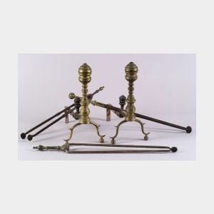 Pair of Brass and Iron Baluster-form Andirons and Three Tools