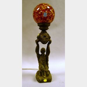 La Belle Specialty Co. Art Deco Patinated Cast Metal Figural Table Lamp with End-of-Day Glass Shade.