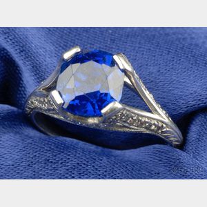 Art Deco Platinum, Kashmir Sapphire and Diamond Ring