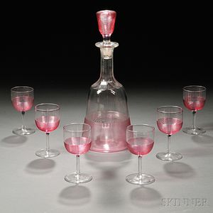 Cranberry Threaded Glass Decanter and Six Cordials