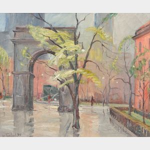 Bela de Tirefort (American, 1894-1993) Washington Square Arch in Spring