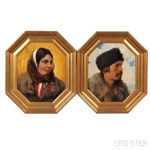 Emil Radomsky (European, 1878-1932) Two Portrait Heads in Octagonal Frames: Man in a Fur Hat