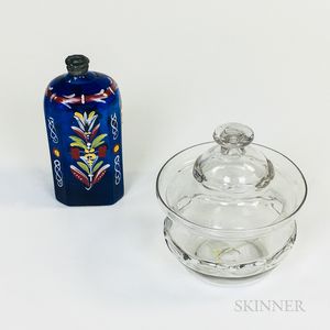Stiegel-type Cobalt Glass Bottle and a Colorless Glass Covered Bonbon Dish