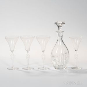 Four Lalique Hagueneau or Tosca Wineglasses and Baccarat Decanter