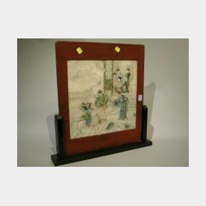 Chinese Wood Framed Scenic Decorated Marble Panel.