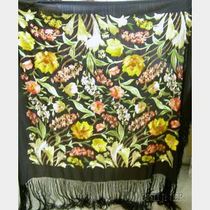 Chinese Black Silk Floral Embroidered Fringed Shawl.