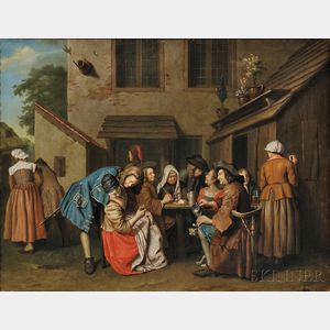 Flemish School, 18th Century Figures Drinking in a Tavern Yard