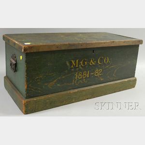 Green-painted and Labeled Pine Storage Trunk