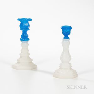 Two Clambroth and Blue Two-color Glass Blown Molded Dolphin Candlesticks