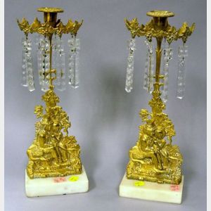 Pair of Gilt Bronze Figural Girandole Candleholders with Prisms.