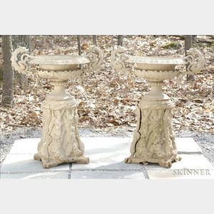 Pair of Beige Painted Cast Iron Urns on Stumpwork Stands