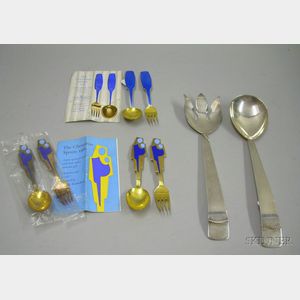 Danish Modern Collectible Spoons and Two Modern Silver Plated Servers