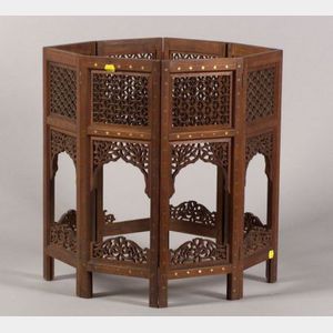 Middle Eastern Pierce Carved and Brass Inlaid Hardwood Tray Table Base