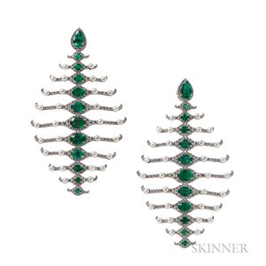 18kt White Gold, Emerald, Pearl, and Diamond Earrings, Umrao