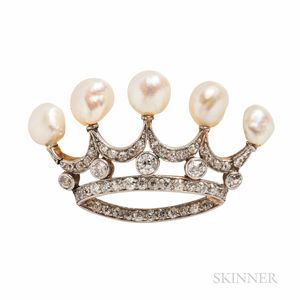 Edwardian Pearl and Diamond Crown Brooch