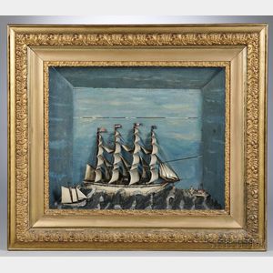 Large Paint-decorated Shadowbox Diorama of a Four-masted Sailing Vessel