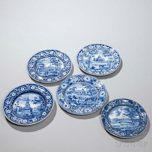 Five Staffordshire Historical Blue Transfer-decorated Plates