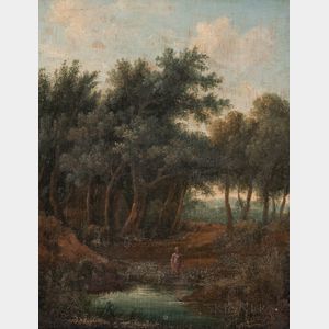 British School, 19th Century Landscape with Woman by a Pond and Cottage in a Grove of Trees
