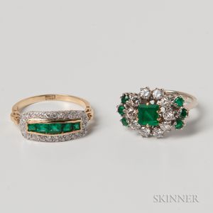 Two 18kt Gold, Emerald, and Diamond Rings