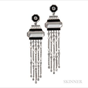 18kt White Gold, Rock Crystal, Onyx, and Diamond Earrings, Umrao