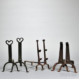 Pair of Wrought Iron Heart Design Andirons and Two Other Pairs