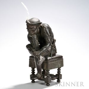 Bronze Figure of a Court Jester, 20th century, with man depicted sitting on a Renaissance-style bench, wearing a costume and a feathere