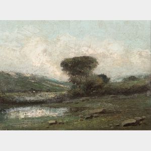 American School, 20th Century Rolling Landscape with Tree, Pond, and Misty Sky