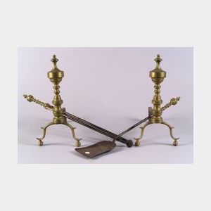 Pair of Brass and Iron Urn-top Andirons and Two Matching Tools