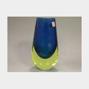 Modern Yellow and Blue Art Glass Vase.