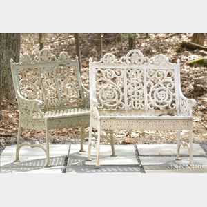 Matched Pair of White Painted "Curtain" Pattern Cast Iron Seats