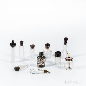 Nine Victorian Cut Glass Perfumes with Sterling Silver Tops