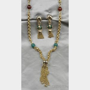 14kt Gold and Hardstone Necklace and Earpendants