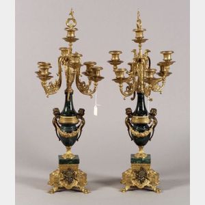 Pair of Louis XVI-style Green Marble and Ormolu Seven Light Candelabra