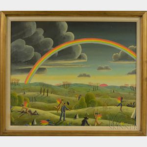 Thomas Frederick McKnight (American, b. 1941) Allegorical Scene with Winged Figures Accosting Men Beneath a Rainbow.