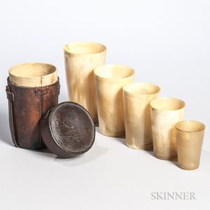 Leather-cased Set of Five Nesting Horn Cups