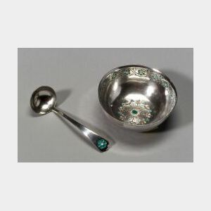 Arts & Crafts Enameled Sterling Silver Bowl and Ladle