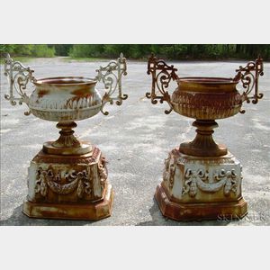 Pair of Victorian White Painted Cast Iron Urns on Plinths