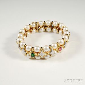 14kt Bicolor Gold, Cultured Pearl, and Gem-set Bracelet