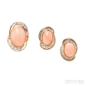 14kt Gold, Angelskin Coral, and Diamond Earrings and Ring
