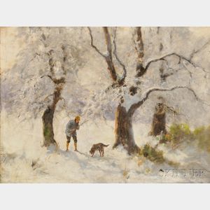 Antal Neogrady (Hungarian, 1861-1942) Hunter and Dog in a Snowy Wood