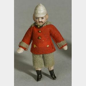 Small Jointed All Bisque Doll with Molded Helmet