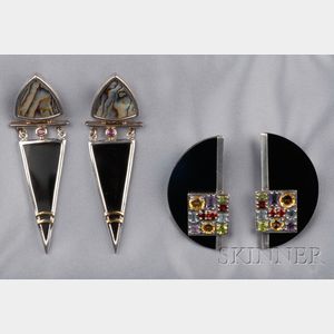 Two Pairs of Silver, Onyx, and Gem-set Earclips